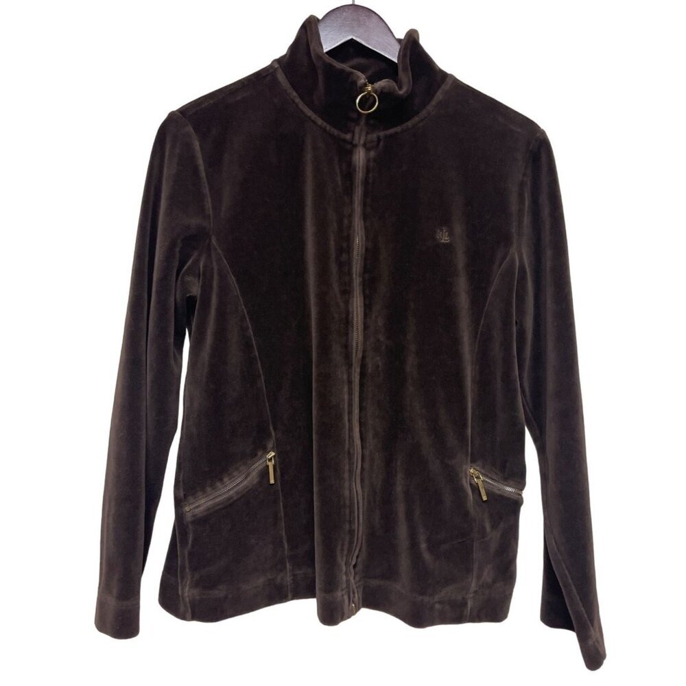 Ralph Lauren Women's Track Jacket Brown Velour Full Zip Long Sleeve Size Large